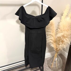 Fashion Nova Black Bandage Midi Dress – Off Shoulder Ruffle